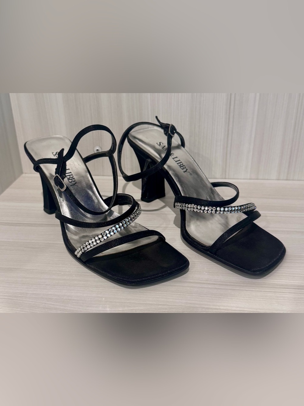 Black Strappy Rhinestone Block Heel Sandals